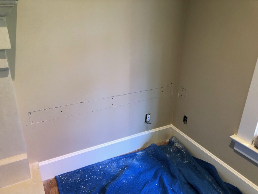 The wall after the wires were run inside